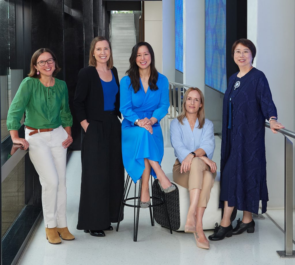 Dr Danuta Sampson, Associate Professor Holly Chinnery, Dr Andrea Ang, Dr Jessica Mountford, and Associate Professor Paula Yu pictured in the lobby of the Harry Perkins building.