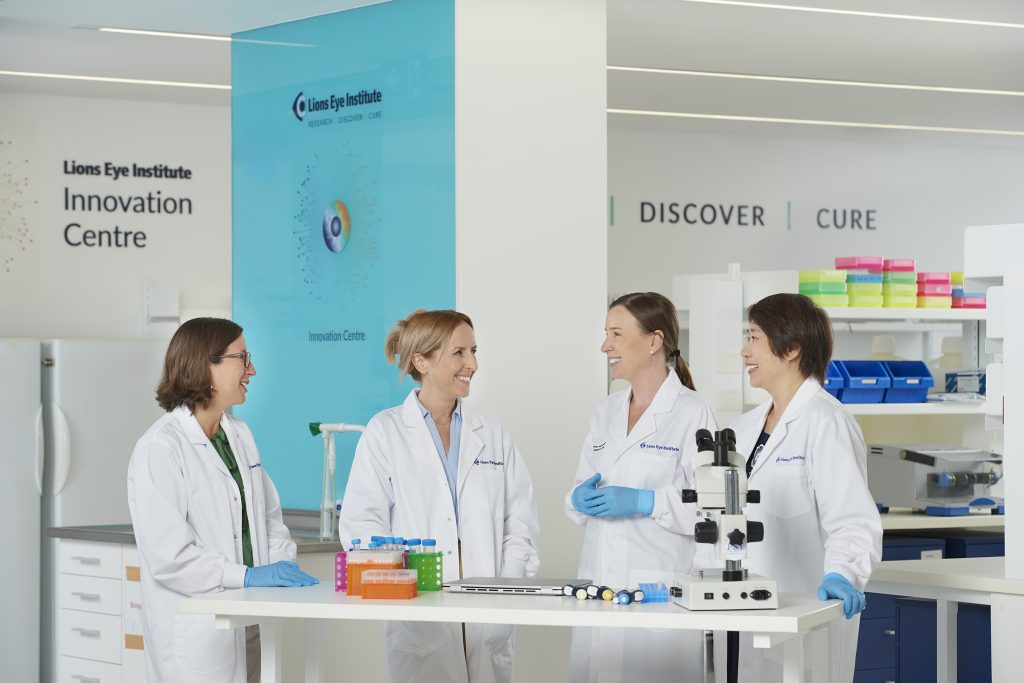 Dr Danuta Sampson, Dr Jessica Mountford, Associate Professor Holly Chinnery and Associate Professor Paula Yu in the laboratory at the Lions Eye Institute.