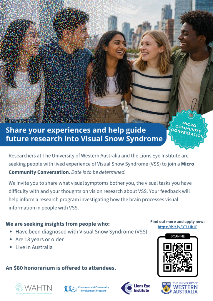 A flyer for the visual snow syndrome micro community group.