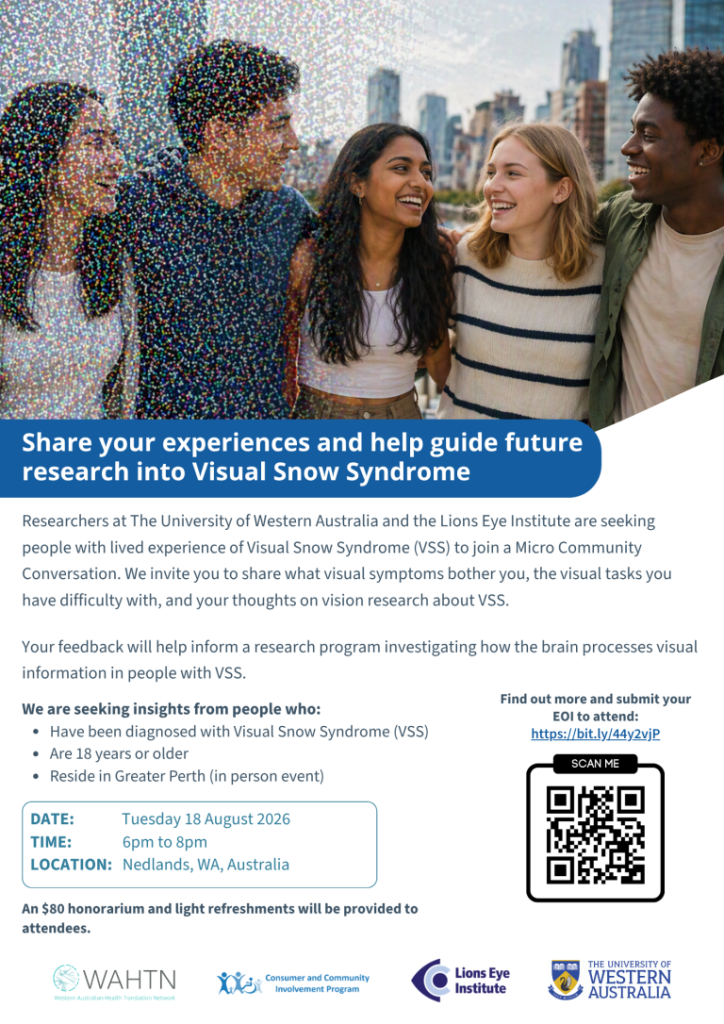 Flyer for Visual Snow Syndrome Micro Community Conversation