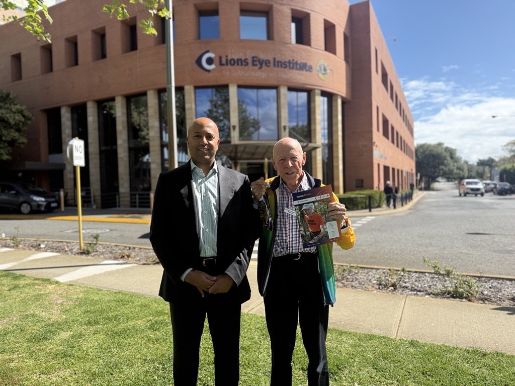 Professor Chandra Balaratnasingam with patient Morland Smith in front of the Nedlands clinic
