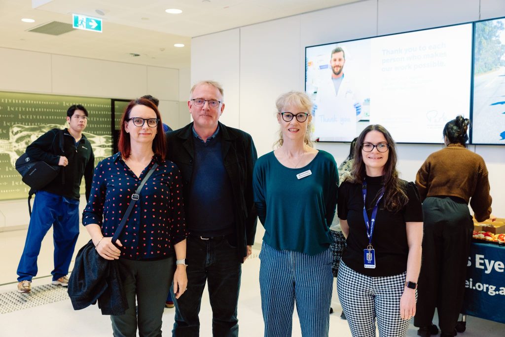 Magda Toth (left) and Andrew Porter (middle-left), who are supporting research into visual snow syndrome, with Professor Allison McKendrick (middle-right) and Dr Cassandra Brooks (right)